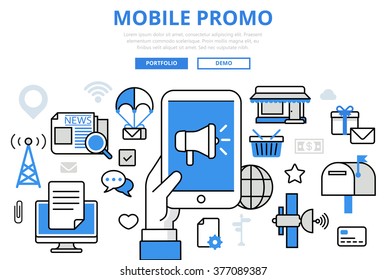 Mobile promo digital marketing promotion concept flat line art vector icons. Modern website infographics illustration hero image web banner printed material. Creative lineart collection.