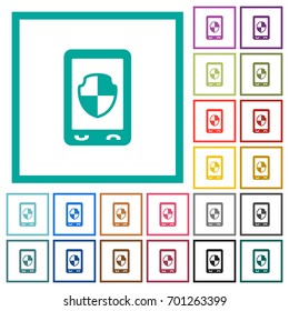 Mobile protection flat color icons with quadrant frames on white background