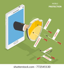 Mobile protection flat isometric vector concept. Man hand with a shield appeared from smartphone to defend it from flying arrows with the captions as phishing, virus, botnet, spyware, ransomware.