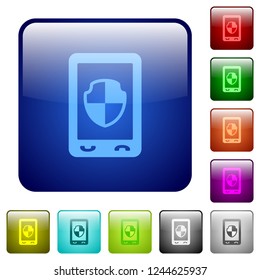 Mobile protection icons in rounded square color glossy button set