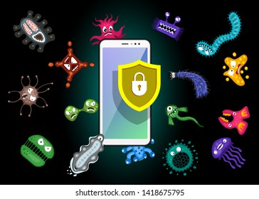 Mobile protection. Smartphone with security shield and infection computer virus attack. Spam data, fraud internet error message, insecure connection, online scam concept. Vector black illustration