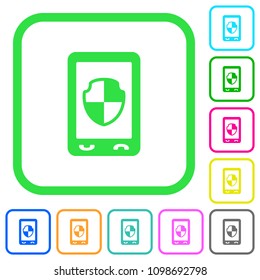 Mobile protection vivid colored flat icons in curved borders on white background