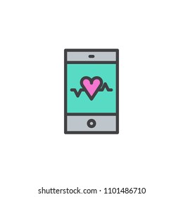 Mobile pulse tracker filled outline icon, line vector sign, linear colorful pictogram isolated on white. Heartbeat tracker app symbol, logo illustration. Pixel perfect vector graphics