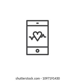 Mobile pulse tracker outline icon. linear style sign for mobile concept and web design. Heartbeat tracker app simple line vector icon. Symbol, logo illustration. Pixel perfect vector graphics