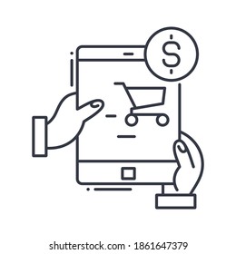 Mobile purchase icon, linear isolated illustration, thin line vector, web design sign, outline concept symbol with editable stroke on white background.