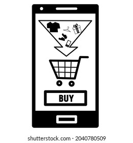 Mobile purchase outline vector icon Solid black line mobile buying icon, simple flat vector illustration of editable purchasing concept, stroke isolated on white background, shopping cart, arrow,shirt