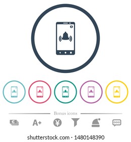 Mobile push notification flat color icons in round outlines. 6 bonus icons included.