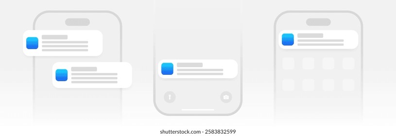 Mobile push notification template. minimal iphone message alert mock-up. App notification pop-up interface. Mobile screen layout. User communication window. Chat text box bubble. Vector illustration