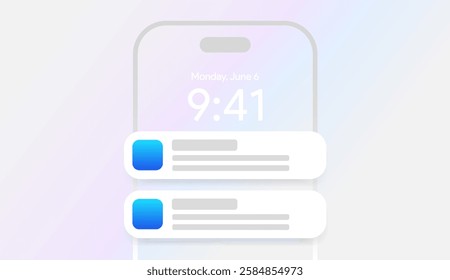 Mobile push notification template. minimal iphone message alert mock-up. App notification pop-up interface. Mobile screen layout. User communication window. Chat text box bubble. Vector illustration