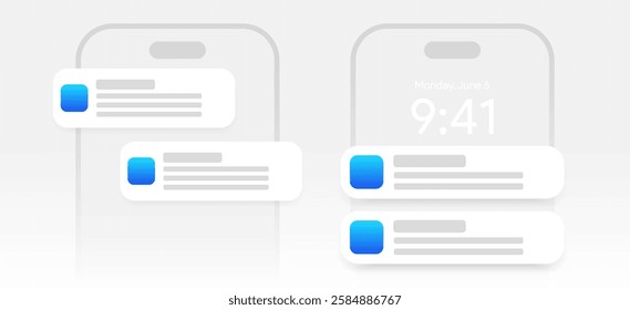 Mobile push notification template. minimal iphone message alert mock-up. App notification pop-up interface. Mobile screen layout. User communication window. Chat text box bubble. Vector illustration