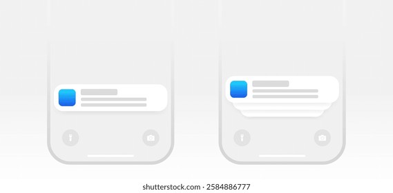 Mobile push notification template. minimal iphone message alert mock-up. App notification pop-up interface. Mobile screen layout. User communication window. Chat text box bubble. Vector illustration