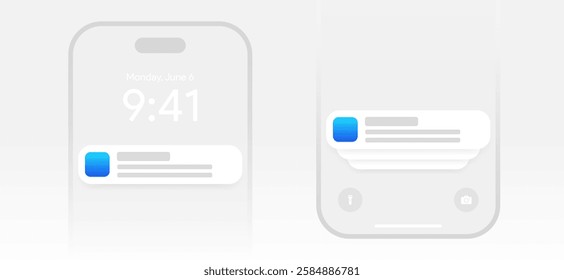 Mobile push notification template. minimal iphone message alert mock-up. App notification pop-up interface. Mobile screen layout. User communication window. Chat text box bubble. Vector illustration