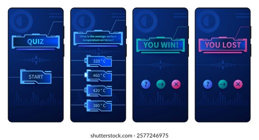 Mobile quiz app. Trivia phone interface questionnaire game template, quizzing modern UI design with question and answer choice screen. Vector guess game.