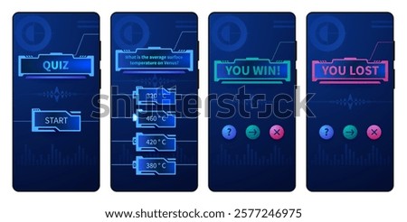 Mobile quiz app. Trivia phone interface questionnaire game template, quizzing modern UI design with question and answer choice screen. Vector guess game.