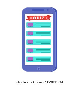 Mobile quiz application on the smartphone screen. Chat with questions and puzzles. Developing, teaching or entertaining program for mobile devices. Vector concept against white background