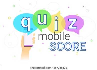 Mobile quiz interview and online high score game on smartphone concept illustration. Human hand holds smart phone with app for asking, examing and answering questions. Creative quiz speech bubbles