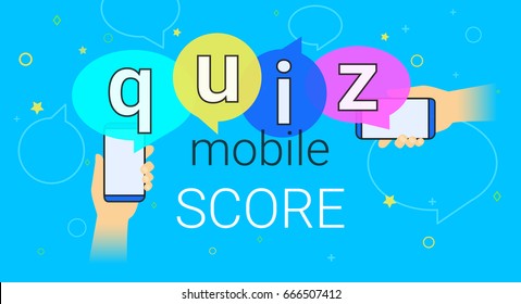Mobile quiz interview and online high score game on smartphone concept illustration. Human hands hold smart phone with app for asking, examing and answering questions. Creative quiz speech bubbles