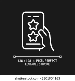 Mobile rating pixel perfect white linear icon for dark theme. Evaluating cellphone application. Digital product ranking. Thin line illustration. Isolated symbol for night mode. Editable stroke