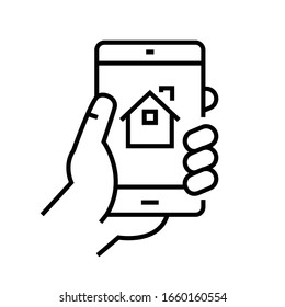 Icono de línea de aplicación inmobiliaria móvil, signo de concepto, ilustración de vector de esquema, símbolo lineal.
