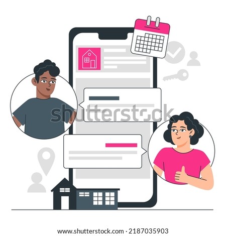 Mobile real estate application for seller and buyer. A female realtor gives a thumbs up, a male buyer stands and they arrange a meeting.