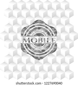Mobile realistic grey emblem with cube white background
