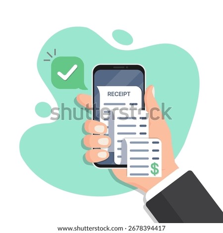 Mobile receipt in a flat design. Smartphone showing digital bill check and approved payment confirmation