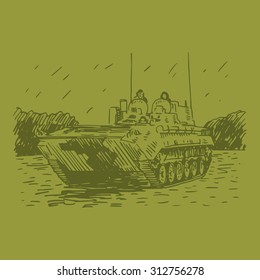 The mobile reconnaissance point. Russian BMP. Designed for reconnaissance and target missile and artillery systems. Vector freehand pencil sketch.