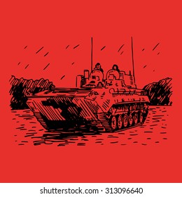 The mobile reconnaissance point. Russian BMP. Vector freehand pencil sketch.