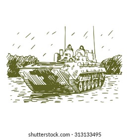 The mobile reconnaissance point. Russian BMP. Vector freehand pencil sketch.