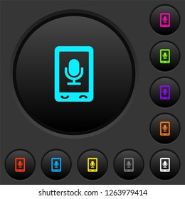 Mobile recording dark push buttons with vivid color icons on dark grey background
