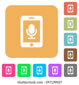 Mobile recording flat icons on rounded square vivid color backgrounds.