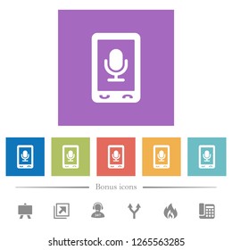 Mobile recording flat white icons in square backgrounds. 6 bonus icons included.