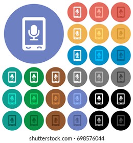 Mobile recording multi colored flat icons on round backgrounds. Included white, light and dark icon variations for hover and active status effects, and bonus shades on black backgounds.