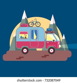 Mobile recreation. House on wheels. Transport trailer vector with the luggage, bright colors. Flat style. Night road, mountains and big moon. Romantic evening.