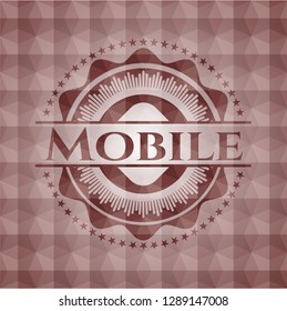 Mobile red seamless emblem or badge with abstract geometric polygonal pattern background.