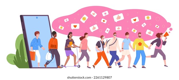 Mobile referral program. People walking from phone refer a friend concept, recommend loyalty customer marketing banner online affiliate invite friends, vector illustration of phone mobile referral