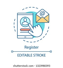 Mobile register concept icon. Sign in, up idea thin line illustration. Log in, create profile. Smartphone account registration. Confirmation letter. Vector isolated outline drawing. Editable stroke