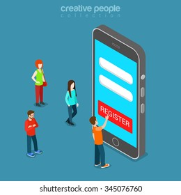 Mobile registration app flat 3d isometry isometric concept web vector illustration. Login password personal data form GUI on smart phone screen and micro man press register. Creative people collection