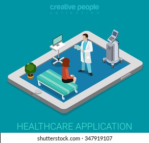 Mobile remote healthcare hospital app flat 3d isometry isometric technology concept web vector illustration. Micro woman doctor interior visiting on top of big tablet pc. Creative people collection.