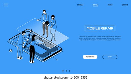 Mobile repair - line design style isometric web banner