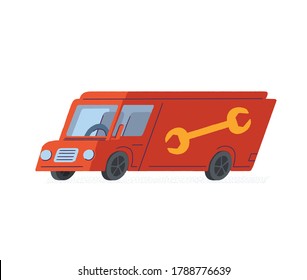 mobile repair service cargo van with the image of a wrench in flat style vector illustration. Mobile workshop.  Red car isolated