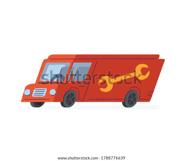 mobile repair service cargo van with the image\
of a wrench in flat style vector illustration. Mobile workshop. \
Red car isolated