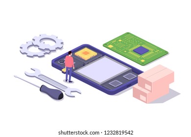 Mobile repair and service concept. Smartphone with repairman and spare parts. Isometric composition. Illustration for web sites and print. Vector illustration