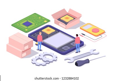 Mobile repair and service concept. Smartphone with repairmans and spare parts. Isometric composition. Illustration for web sites and print. Vector illustration