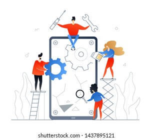 Mobile repair service - flat design style colorful illustration on white background. A composition with workers fixing the broken smartphone screen, holding gears, SIM card, magnifying glass, tools