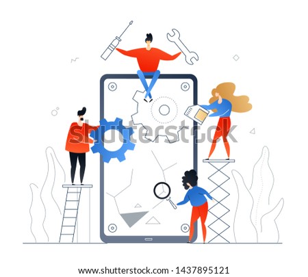 Mobile repair service - flat design style colorful illustration on white background. A composition with workers fixing the broken smartphone screen, holding gears, SIM card, magnifying glass, tools