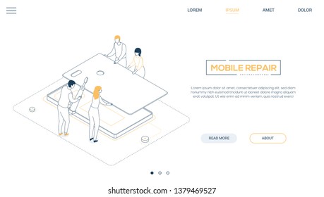 Mobile repair service - line design style isometric web banner on white background with copy space for text. A header with male, female workers, team changing smartphone case, image of screwdriver