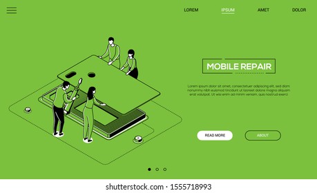 Mobile repair service - line design style isometric web banner
