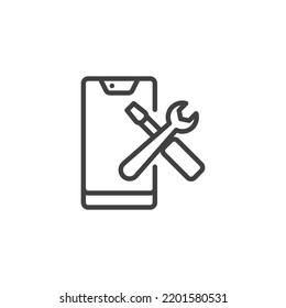 Mobile repair service line icon. linear style sign for mobile concept and web design. Phone with wrench and screwdriver outline vector icon. Symbol, logo illustration. Vector graphics