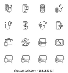 Mobile repair service line icons set, outline vector symbol collection, linear style pictogram pack. Signs, logo illustration. Set includes icons as multimeter, smartphone, computer, phone diagnostic